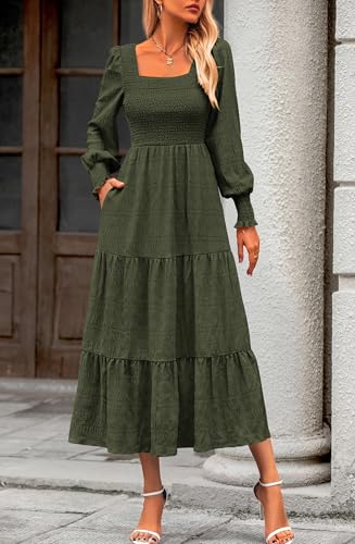 KIRUNDO Fall Dresses for Women 2025 Wedding Guest Maxi Long Sleeve Smocked High Waist Flowy Homecoming Cocktail Winter Dress4