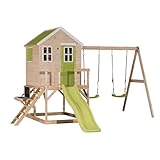Wendi Toys M28-K Stelzenhaus mit Rutsche, Doppelschaukel, Spielküche aus FSC-Holz, Spielhaus Kinder Outdoor Garten mit Plattform 90 cm, Wasserhahn, Sandkasten, Zubehör, 330×405×242 cm
