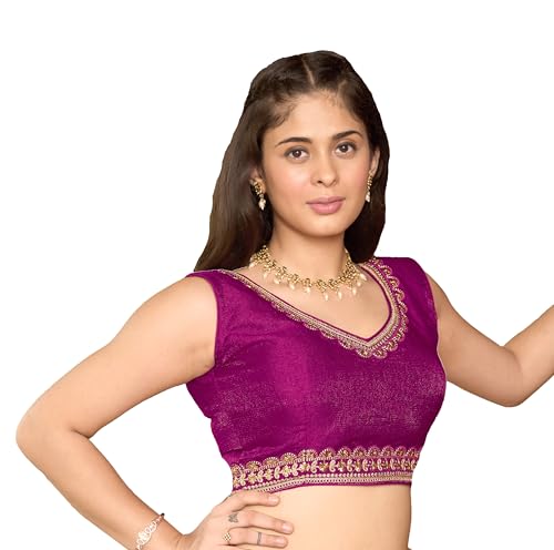 Image of Pujia Mills Women's Sequin Embroidered V Neck Sleeveless Readymade Saree Blouse Indian Ethnic Designer Stitched Readymade Saree Blouse Sleeveless Blouse Readymade Blouse for Women