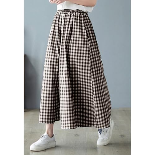 Summer Women's Loose and Slimming Cotton Linen Plaid Casual Wide Leg Cropped Pants2