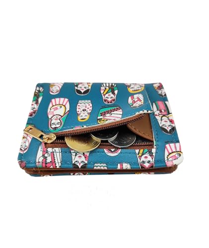 Image of Funk For Hire Unisex Vegan Leather Small Card Wallet Teal Mini Bifold Wallet with 6 Card Slots Cash Compartment & Zipper Coin Pouch Compact Lightweight Durable Faux Leather