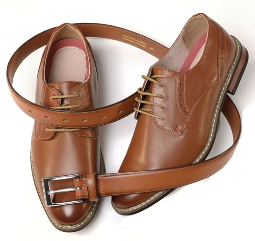 Image of Chaoren Leather Ratchet Belt 2 Pack Dress with Click Sliding Buckle 1 3 /8 inch in Gift Set Box - Adjustable Trim to Fit