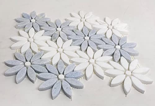 Daisy Flower Pattern Light Celeste Blue & White Thassos Marble Waterjet Cut Mosaic Tile For Floor And Wall Tile, Kitchen Backsplash, Bathroom Wall, Accent Walls (Box (10 Sheets)) #TOP4