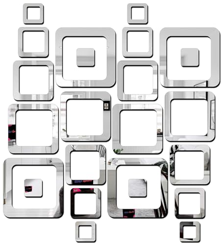Image of Bikri Kendra - 4 Set Square Silver Decorative Mirror Stickers for Wall, Wall Mirror Stickers, 3D Acrylic Stickers Wall Stickers for Hall Room, Bed Room, Kitchen Living Room Kids Room.