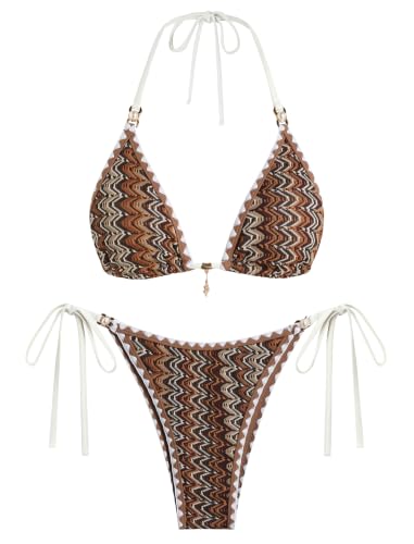 Image of ZAFUL 2 Piece Halter Bikini Sets Hollow Out Triangle Bikini for Women Sexy Bathing Suit High Waisted Side Tie Swimsuits
