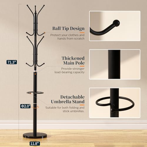 Yoobure Metal Coat Rack Freestanding with Marble Base, Coat Tree with 12 Hooks & Umbrella Holder, Coat Hanger Stand for Corner Entryway Bedroom Office, Heavy Duty Coat Rack Stand for Clothes Hats Bags - Image 6