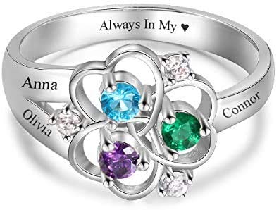 EBAT Love Jewelry Personalized Sterling Silver Mothers Rings with 3 Simulated Birthstones 3 Names Custom Flower Promise Ring Engraved Heart Rings for Women