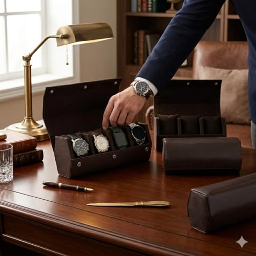 Image of essart Premium 4 Watch Roll Organizer - Leather Travel Watch Case with Soft Velvet Interior, Secure Button Closure, Luxury Watch Storage