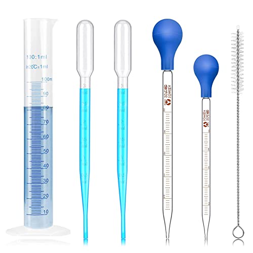 Pipettes en Verre,4 Pièces Compte-Gouttes Graduées, 5ml 10ml Dropper pipettes compte-gouttes,100ml Éprouvette Graduée,avec Brosse Nettoyage,Pour Laboratoire recherche alimentaire école
