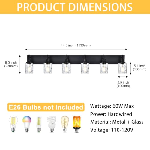Image of 6 Light Bathroom Vanity Lights, Black Finish, Hammered Glass Shade | Modern Bathroom Wall Sconce Above Mirror, Dimmable Bath Wall Lighting Fixtures, E26 Socket, for Bedroom, Living Room, Kitchen