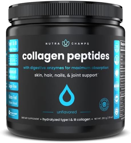Collagen Peptides Powder - Enhanced Absorption, Double Hydrolyzed, Grass Fed, Keto Protein Powder with Vitamin C - Premium Supplement for Hair Growth, Skin, Nails, Joints & Bones, Unflavored