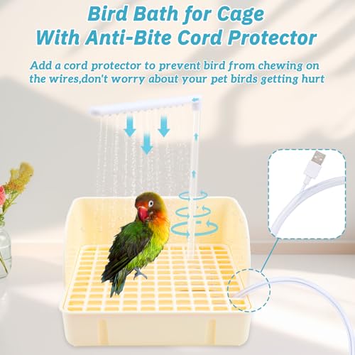 Image of Automatic Bird Bath Fountain, USB Powered Bathtub for Parrots | Chew-Proof Anti-Bite Power Cord, Running Water Faucet Showers, Beige Tub for Parakeets, Cockatiels, Conures, African Greys