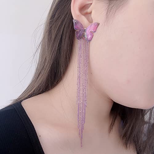 Crystal Butterfly Tassel Earrings Red Blue Long Rhinestone Butterfly Drop Earrings Jewelry For Girls Women Long Chain Tassel Earrings (Purple) #TOP3