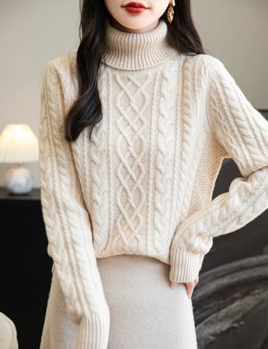 Image of Chanyarn Women's 100% Merino Wool Turtleneck Sweater 2025 Fall Winter Casual Cable Warm Soft Long Sleeve Knit Sweater