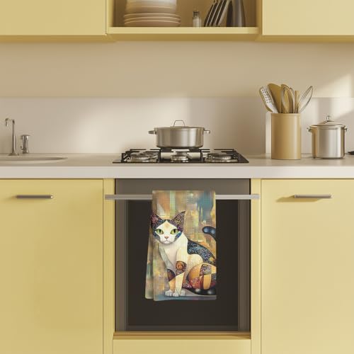 Miniatura 4 de Toallas De Cocina Artísticas De Gatos, Patrón Geométrico Vintage, Decorativo, Absorbente, De Microfibra, Paño De Cocina, Toallas De Mano Suaves Para Decoración De Baño De Casa De Campo, Regalos Para