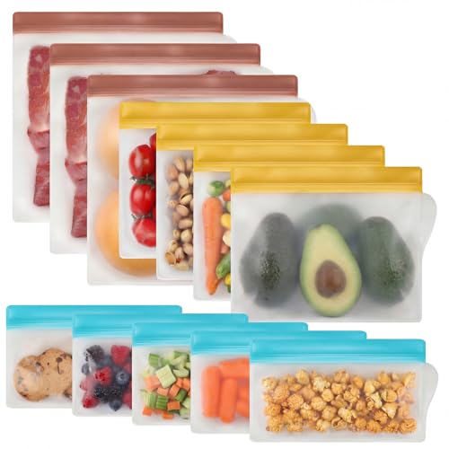 RLAVBL 12 Pack Reusable Freezer Bags, Leakproof Food Storage Bags for Vegetable, Liquid, Snack, Meat, Sandwich - 3 Gallon 4 Sandwich 5 Snack Bags