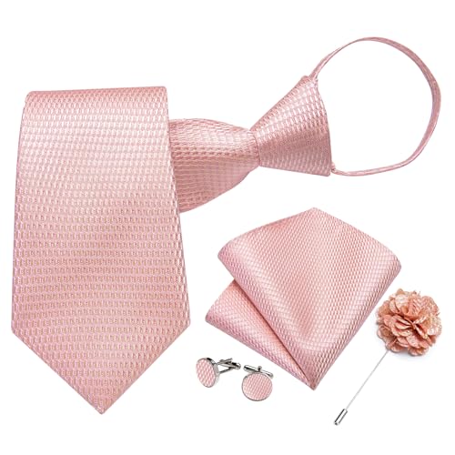 Image of DiBanGu Mens Zipper Tie Silk Pre-Tied Necktie with Gift Box | Jacquard Woven,Paisley Solid Plaid Pattern,6PCS with Pocket Square,Cufflinks and Lapel Pin,for Wedding Party Formal Business