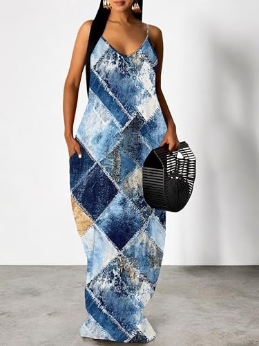 Image of Women's Summer Maxi Dress Spaghetti Strap Floral Boho Beach Long Sundress with Pockets