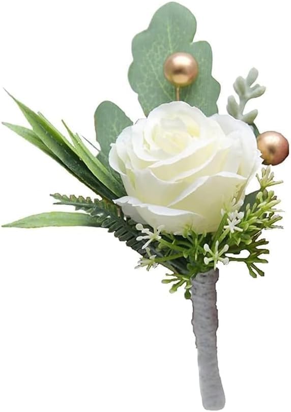 Nlinlin 1 ramo de rosas para homem, casamento, namorado, padrinho de casamento, flores brancas artificiais com alfinetes para casamento, aniversário, celebração, festa, formatura, decoração de casa