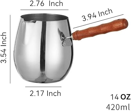 Turkish Coffee Pot 14oz/420ml with Wooden Handle, 18/8 Stainless Steel, Cezve Ibrik Briki Stovetop Warmer for Milk Butter Chocolate Melting, Greek Arabic Coffee Maker, Maple Syrup & Sauce Heating Pan