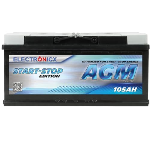 Electronicx Agm Autobatterie 105ah 12v - Wartungsfreie, Auslaufsichere Starterbatterie Für Start-stopp Fahrzeuge - Schnellladefähig Und Langlebig - 12v Agm Batterie Für Autos Und Transporter