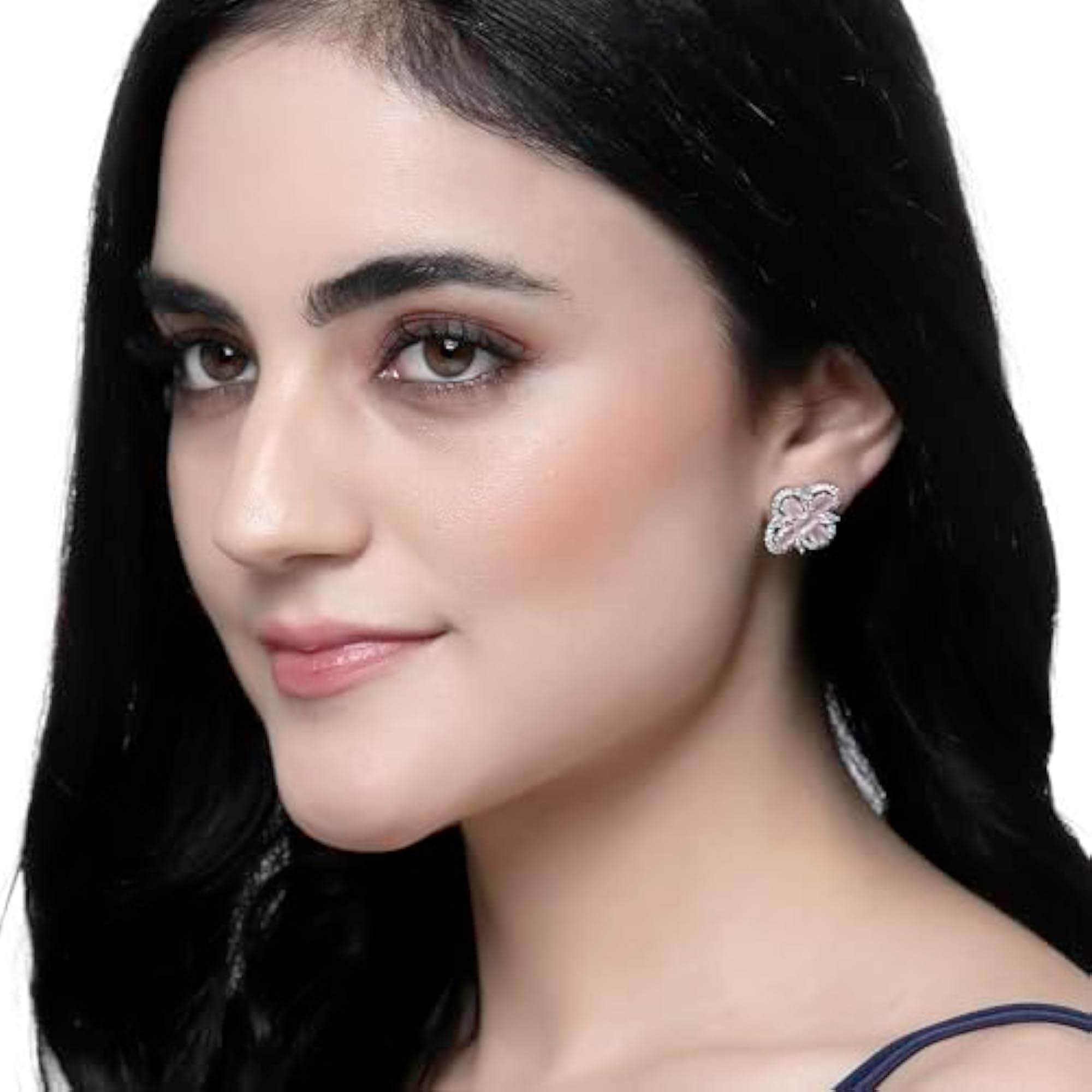 Rhodium-Plated American Diamond Floral Stud Earrings