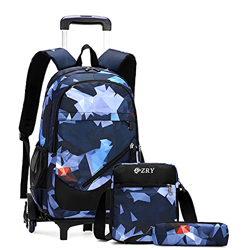 3Pcs Blue Geometric Print Boys Rolling Backpack Set With Crossbody Bag, Capacity Trolley School Bags Elementary Bookbags With 6 Wheels #TOP16