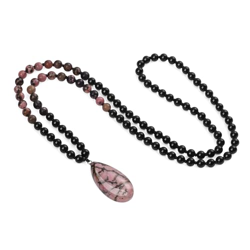 COAI Handmade Mala Necklace, Black Onyx & Rhodonite Crystal Teardrop Beads for Women