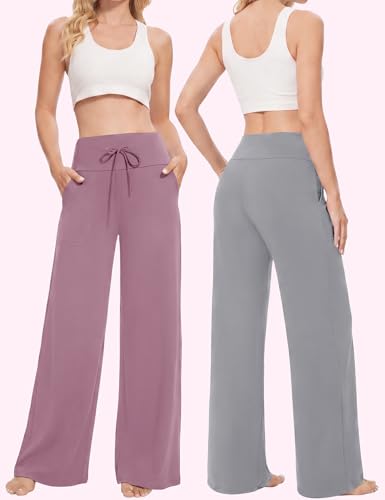 Image of Showitty 1 /3 Pack Women's Wide Leg Pants with Pockets, Casual Loose Pajama Palazzo Trousers Sweatpants for Yoga Lounge