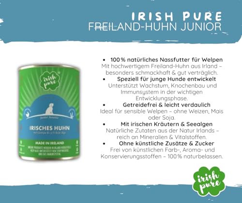 Irish Pure Junior Huhn – Hundefutter - 12kg + 6x390g - Trockenfutter & Nassfutter für Welpen – getreidefrei – mit Freiland-Huhn, Gemüse & Kelp-Alge – ohne Zusätze & künstliche Stoffe - Sparpaket