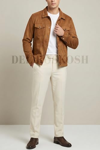 Image of Men's Faux Suede Leather Jacket with Fur Lining, Snap Button Closure, Brown, Lightweight with Chest and Side Pockets