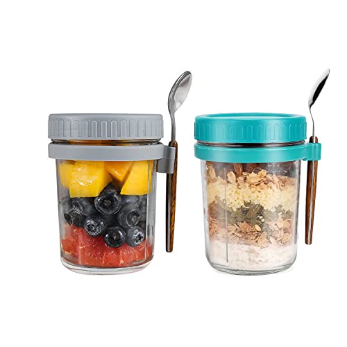 Hniuyun 2 Pack Overnight Oats Jars with Lids and Spoon, 10 oz Airtight Breakfast Jars with Measurement Marks, Mason Jars with Lid for Salads Cereal Milk Porridge Fruit (Gray + Green)