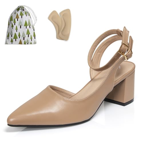 Women's Closed Pointed Toe Slingback Pumps with Adjustable Buckle Ankle Strappy Heels Low Short Block Chunky Heel Comfort Wedding Party Dress Work Shoes
