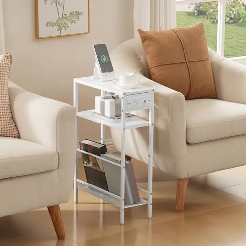 Image of HOOBRO Small Narrow Side Table with Charging Station, Skinny End Table for Small Spaces, Slim Nightstand with USB Ports Outlet, Sofa Beside Table with Storage Shelf, White WT102UBZ01