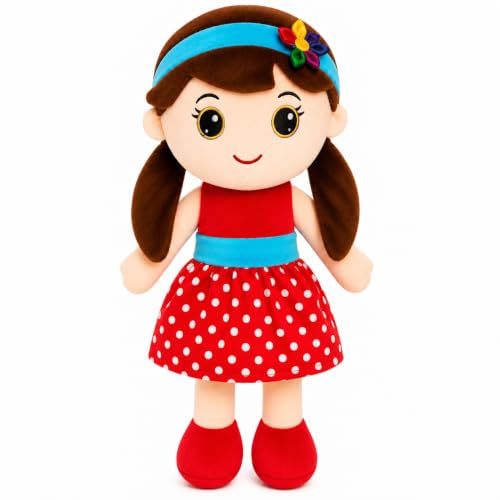Image of Soft Plush Doll for Kids | Cute Rag Doll with Braided Hair & Cap | Washable Stuffed Toy for Girls & Boys | Birthday Gift for Kids (Multicolor) (Red, Blue)