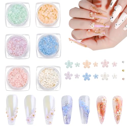 NICENEEDED 3D Colorful Flower Nail Charms, Acrylic Nail Charms with Golden Round Beads