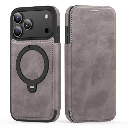 Étui cuir anti-RFID pour iPhone 14 Pro Max avec anneau magnétique de charge intégré gris