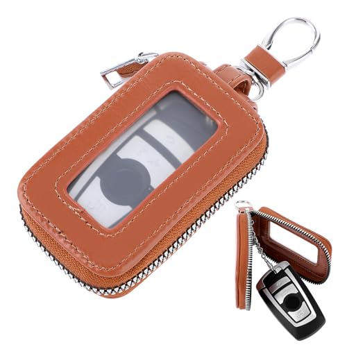 Amabro Funda de cuero para llave de coche, soporte para llaves de coche con gancho de metal y llavero con cremallera, funda transparente para llave de coche, Marrón, 4.4x1.9cm/1.73x0.74in