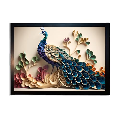 Image of redbakers.in Peacock Wall Art Print, Framed Paintings, Living Room Decor Vastu || Stylish Picture Frame for Home & Office Decoration|| Best Gift Size 10 x 14 Inch (Modern, MILLIE, 10 X 14 Inch)