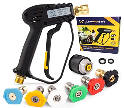 Pistolet de Lavage Haute Pression 4000 PSI- Pistolet de Nettoyage pour Voiture - Interface M22(14mm), Adaptateur compatible Karcher K1-K7, 6 buses 1/4' quick connection, 2 filtres eau et guide inclus