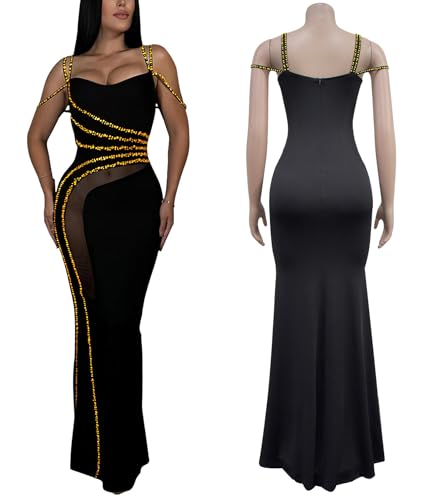 Image of PORRCEY Women's Sexy Rhinestone Lace Sheer Mesh Formal Evening Dress