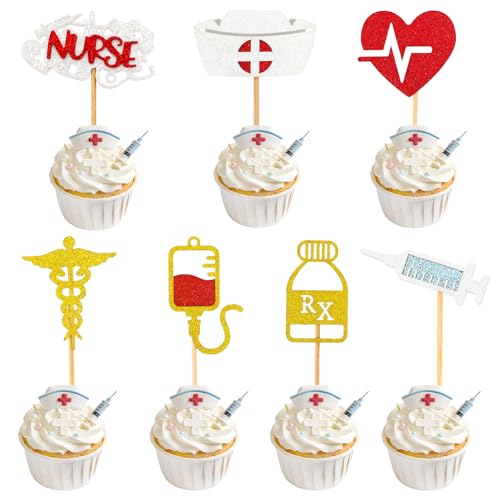 28 PCS Nurse Cupcake Toppers, Glitter Nurses Week Cupcake Picks, Nursing School Graduation Food Picks Cupcake Toppers Cake Decorations for National Nurse Day Nursing Graduation Congrats Party Supplies