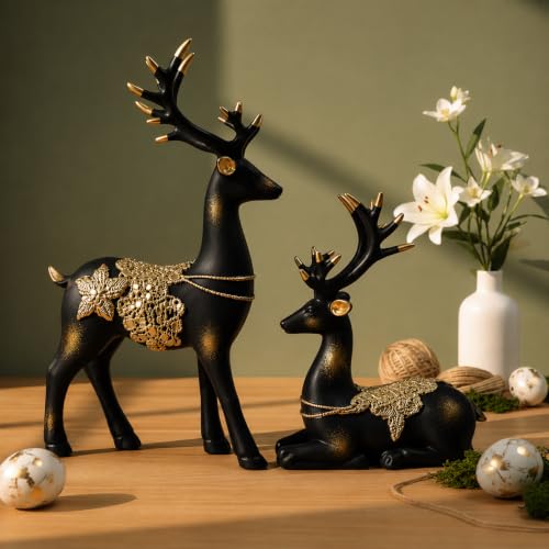 Image of eCraftIndia Resin Reindeer Showpiece for Home Decor Living Room (Pack of 2 Golden Black) | Vastu Feng Shui Items for Good Luck Gift for Housewarming Birthday