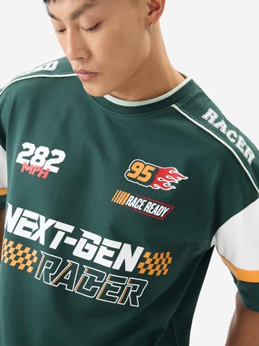 Image of The Souled Store Official Disney: Speed Racer Men and Boys Short Sleeve Round Neck Green Graphic Printed Cotton Oversized T-Shirts