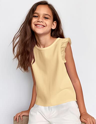 Arshiner Girls Plain Tops For Kids Beige Solid Cotton Shirts Ruffle Tank Top Blouse #TOP4
