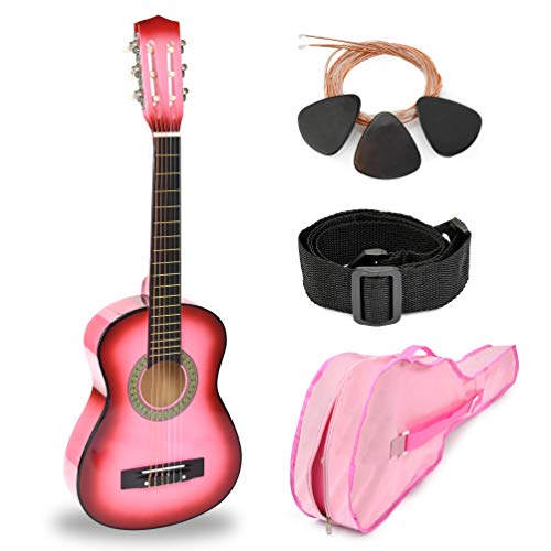 30" Pink Wood Guitar with Case and Accessories for Kids/Girls/Beginners