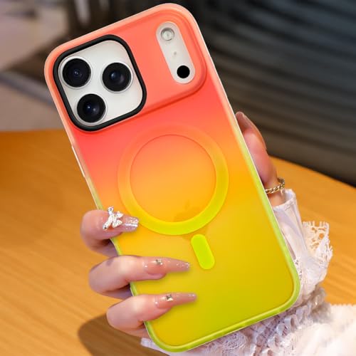 Image of AIGOMARA Magnetic Case for iPhone 17 Pro Max, Compatible with Magsafe, Fluorescent Iridescent Case for Women Girls, Shockproof Translucent Matte Protective Cover 6.9 Inch 2025, Orange Yellow