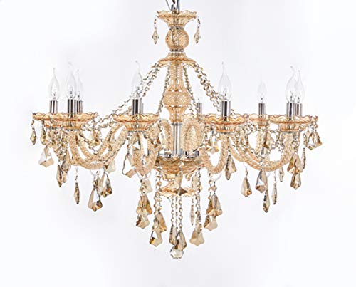 Top Lighting 10-Light Champagne Finish Crystal Chandelier Pendant Ceiling Light, 28  Wide, Amber Color