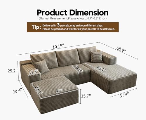 Image of 107.5 inchCloud Modular Sectional Couch with 1 Ottoman,Modern Minimalist Upholstered Couches, Comfort U Shaped Sofa for Living Room,Deep Seat Corner Couch,No Assembly Required (Camel,Right Facing Chaise)