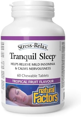 Natural Factors Stress-Relax Tranquil Sleep, 60 Chewable Tablets, Tropical Fruit Flavour, Suntheanine L-theanine, 5-HTP & Melatonin, Helps Improve Sleep Quality & Promote Relaxation, Proudly Canadian